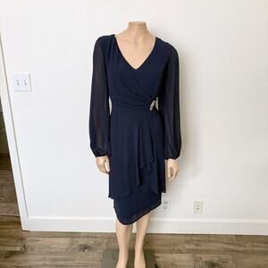 [Marina] Navy Blue Chiffon V-Neck Faux Wrap Brooch Balloon Sleeve Midi Dress 12